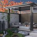 Serene Courtyard Garden With Covered Pergola Sofa Coffee Table Green Plants Stones And Red Trees