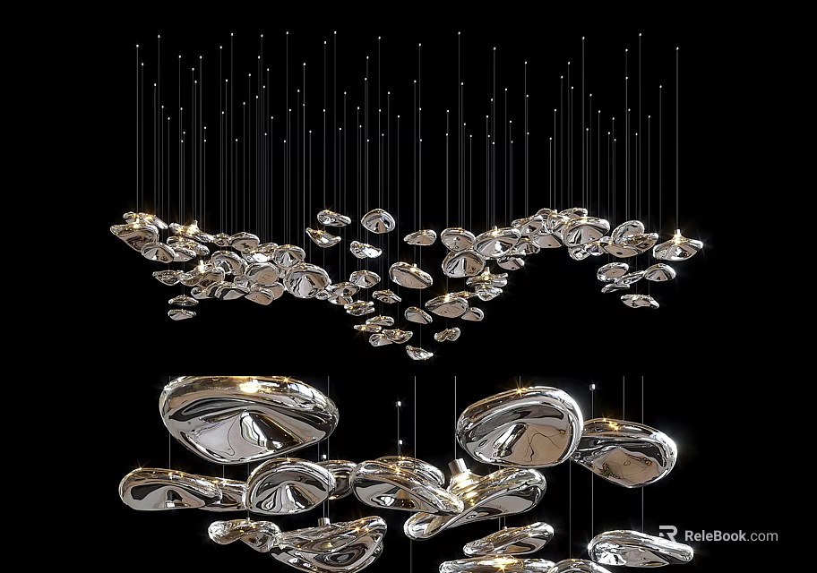 Contemporary Artistic Metallic Chandelier With Irregular Shapes Multiple Components And Hanging Design 3d model 