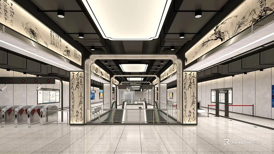 Modern Chinese Style Metro Station With Traditional Calligraphy Decorations And Escalators In Spacious Bright Interior 3d model 