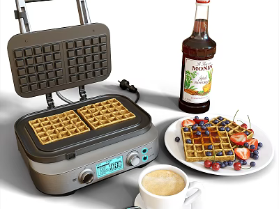 Modern Electric Waffle Maker With Freshly Baked Waffles Coffee And Fruit Toppings 3d model
