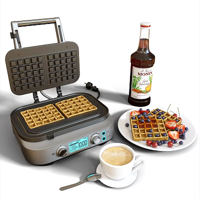 Modern Electric Waffle Maker With Freshly Baked Waffles Coffee And Fruit Toppings 3d model