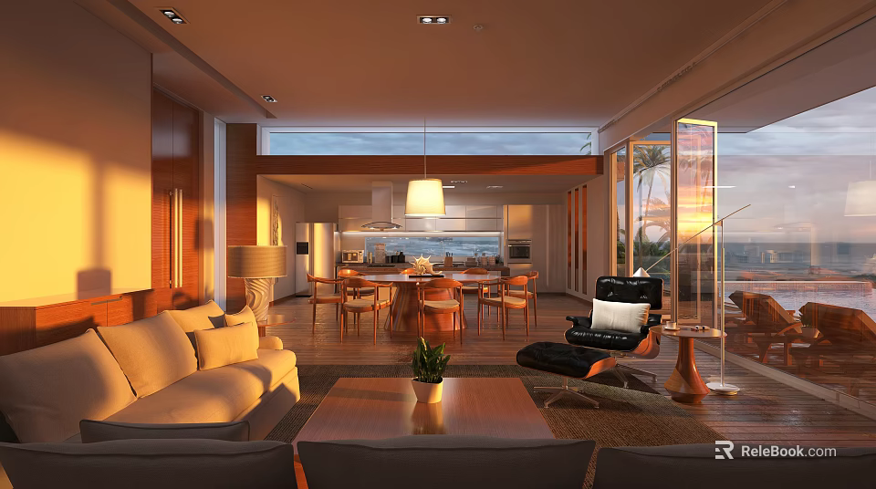 Hotel Public Lounge Area With Cozy Sofa Wooden Coffee Table Large Windows And Ocean View 3d model 
