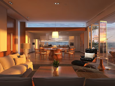 Hotel Public Lounge Area With Cozy Sofa Wooden Coffee Table Large Windows And Ocean View 3d model