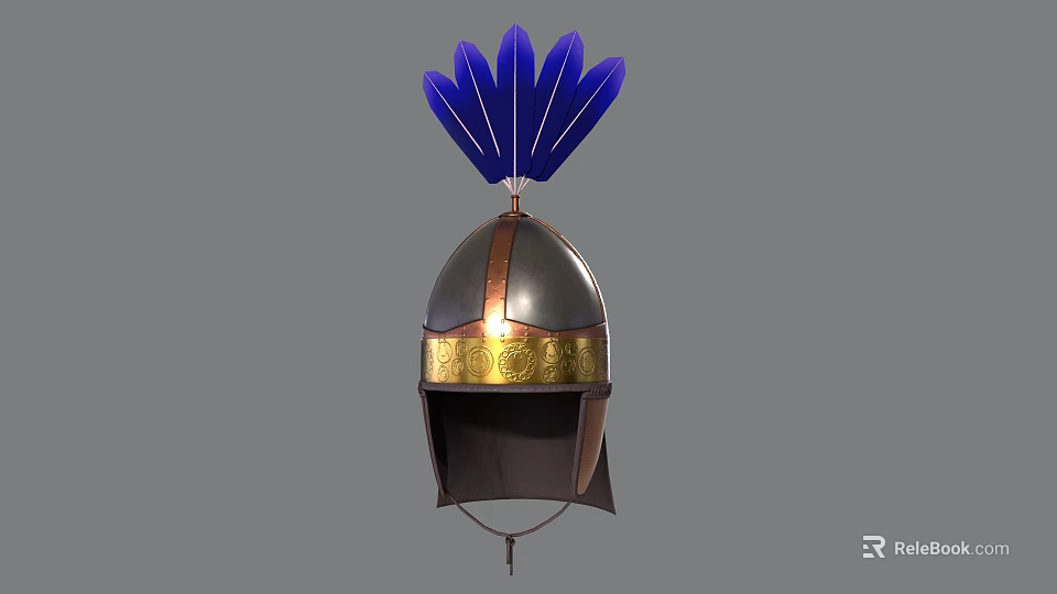 Metal Medieval Weapon Helmet Featuring Blue Feathers and Golden Decorative Band 3d model 