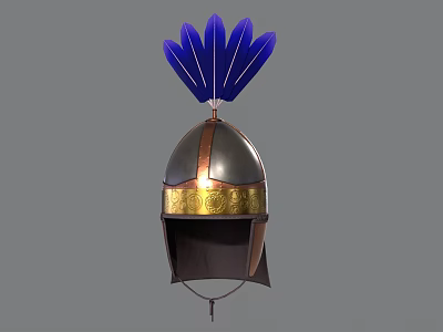Metal Medieval Weapon Helmet Featuring Blue Feathers and Golden Decorative Band 3d model
