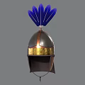 Metal Medieval Weapon Helmet Featuring Blue Feathers and Golden Decorative Band