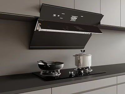 Modern Kitchen With Sleek Range Hood And Stove Top Featuring Wok And Pot On Countertop 3d model