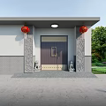 Traditional Courtyard Landscape With Red Roof White Building Paved Ground Lantern Lamps And Potted Plants