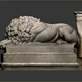 Classical Detailed Marble Lion Statue Reclining With Column On Stone Pedestal