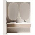 Modern Bathroom Vanity With Double Sinks Wooden Cabinet And Round Mirror