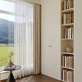 Modern Bedroom Interior With White Bedding Bedside Lamp and Mountain View Window