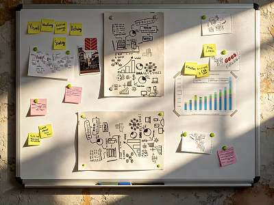 Whiteboard With Sticky Notes Hand Drawn Diagrams And Project Planning Flowcharts 3d model