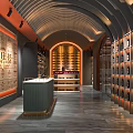 Elegant Liquor Store Interior With Arched Ceiling Counter Wine Racks Logo And Displayed Bottles
