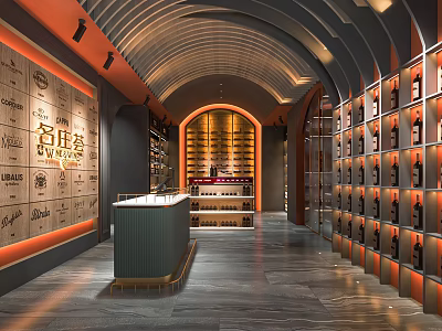 Elegant Liquor Store Interior With Arched Ceiling Counter Wine Racks Logo And Displayed Bottles 3d model