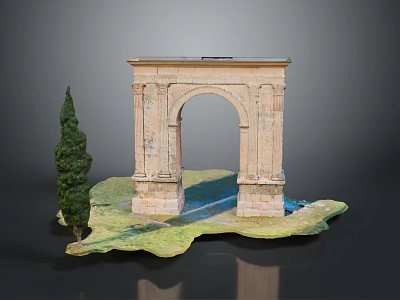 Scenic Landscape With Ancient Stone Arch Cypress Tree Green Grass And Calm Water Area 3d model