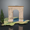 Scenic Landscape With Ancient Stone Arch Cypress Tree Green Grass And Calm Water Area
