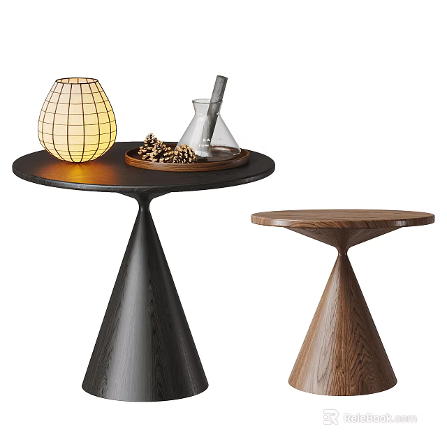 Modern Wooden Side Tables Black Brown Conical Base Round Top With Lamp Pinecones Tray 3d model 