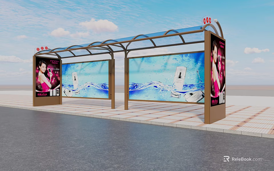Outdoor Bus Shelter With Transparent Canopy Advertising Billboards Large Screens And Blue Wave Displays 3d model 