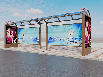 Outdoor Bus Shelter With Transparent Canopy Advertising Billboards Large Screens And Blue Wave Displays 3d model