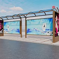 Outdoor Bus Shelter With Transparent Canopy Advertising Billboards Large Screens And Blue Wave Displays