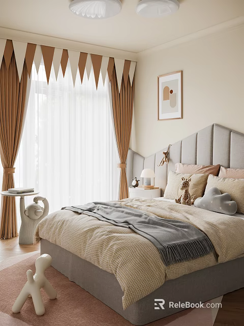 Cozy Kids Room With Upholstered Headboard Window Curtains Bed Linens And Wall Painting 3d model 