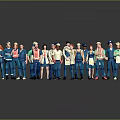 Group of Cartoon Characters in Various Professional Uniforms Standing Together Against Gray Reflective Floor