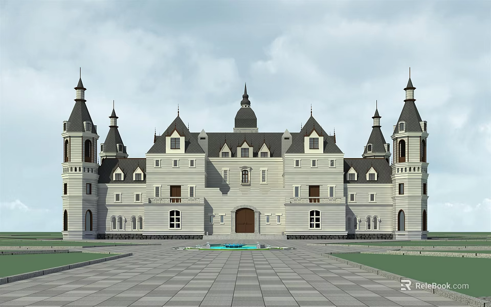 Historic Castle Style Ancient Architecture With White Exterior Gray Roofs And Front Pool 3d model 