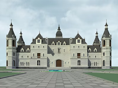 Historic Castle Style Ancient Architecture With White Exterior Gray Roofs And Front Pool 3d model