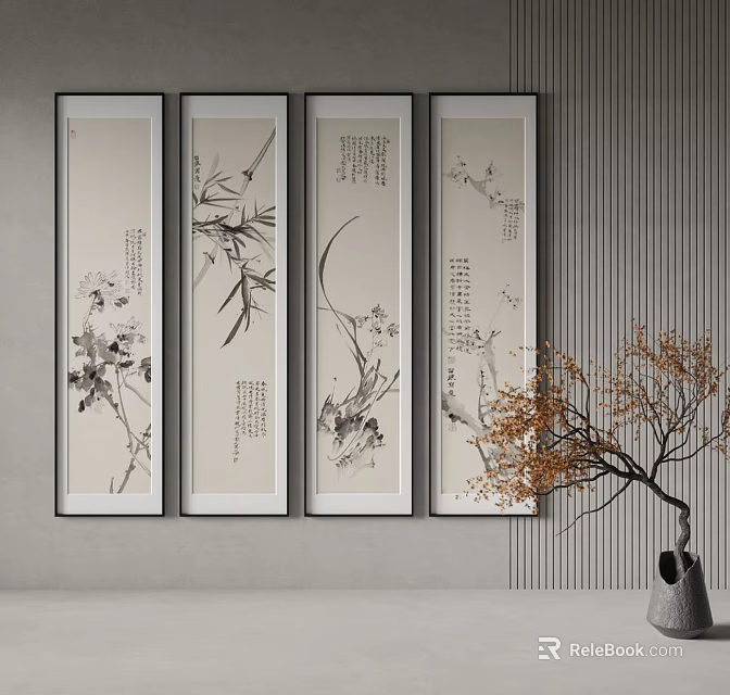 Four Vertical Chinese Ink Painting Scrolls With Calligraphy And Plants On Gray Wall With Vase 3d model 
