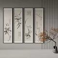 Four Vertical Chinese Ink Painting Scrolls With Calligraphy And Plants On Gray Wall With Vase