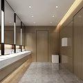Modern Public Restroom Interior With Wooden Walls Marble Sinks Mirrors And Clean Lighting