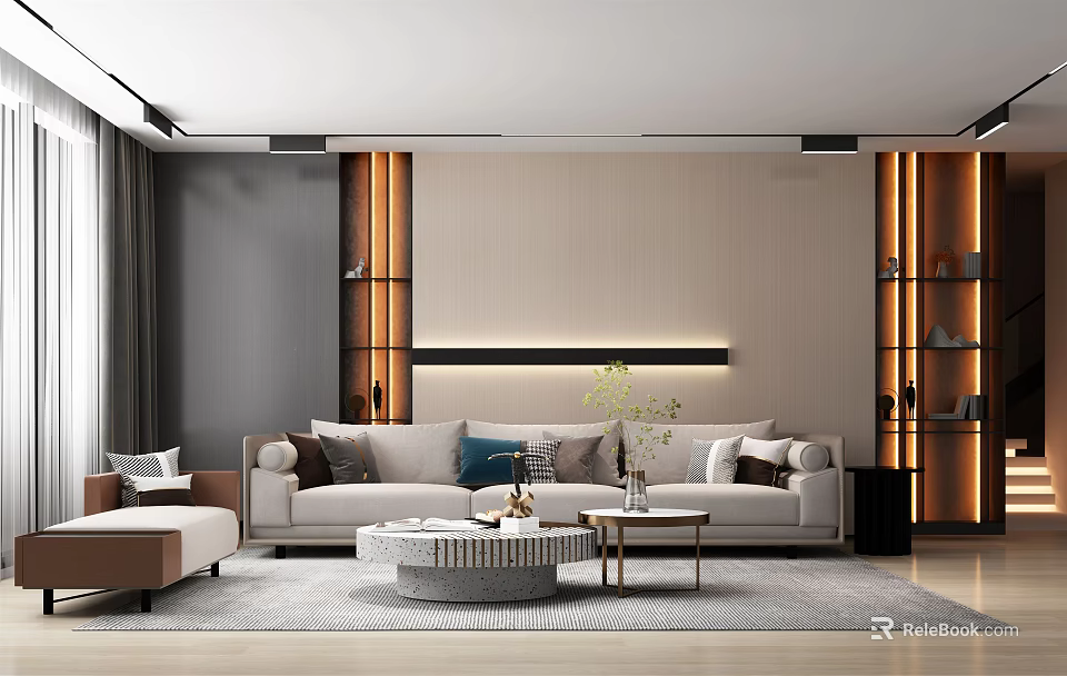 Modern Living Room Interior With Large Sofa Round Coffee Table Decorative Shelves And Soft Lighting 3d model 