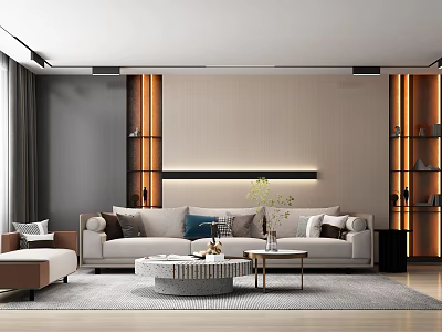 Modern Living Room Interior With Large Sofa Round Coffee Table Decorative Shelves And Soft Lighting 3d model
