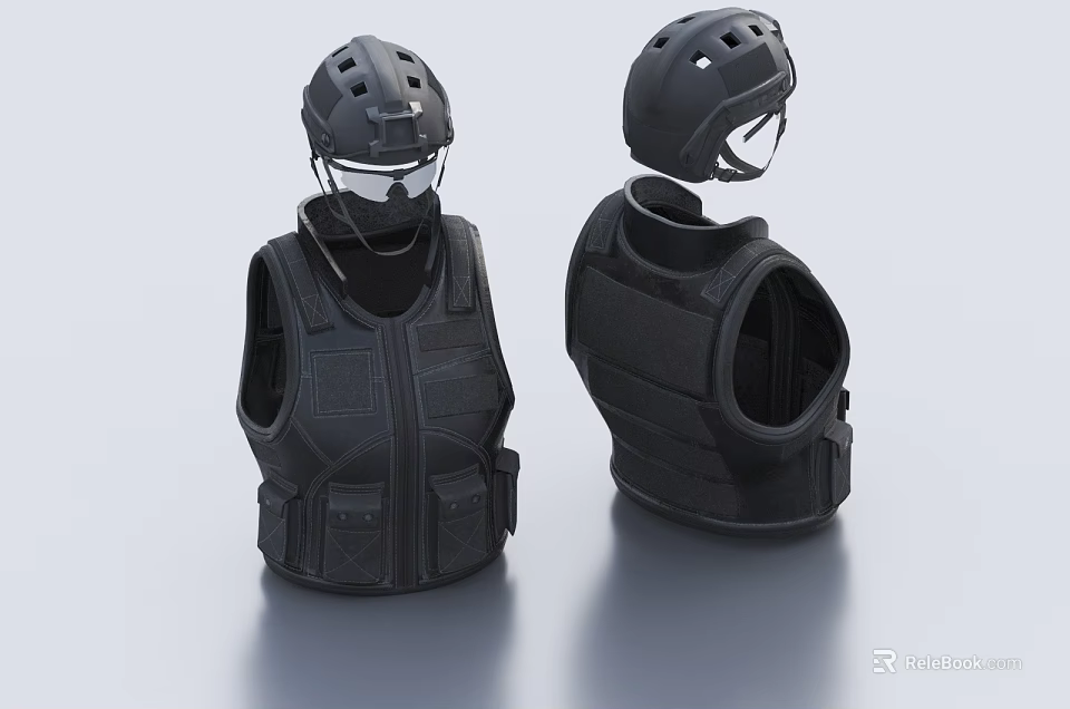 Tactical Protective Vest With Helmet Safety Gear Front Back View Design 3d model 