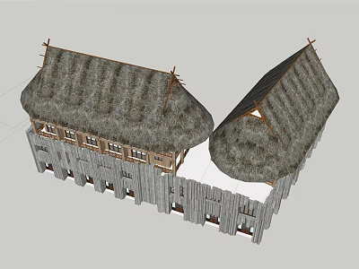 Traditional Rural Guesthouse Building With Thatched Roof And Wooden Windows 3d model