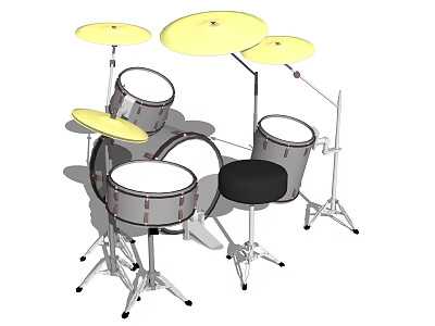 Complete Silver Drum Kit With Yellow Cymbals Stands And Black Stool For Music 3d model