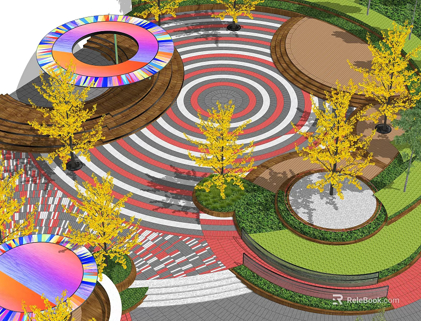 Vibrant Park Landscape with Colorful Circular Structures Red White Concentric Ground Yellow Trees Green Lawn 3d model 