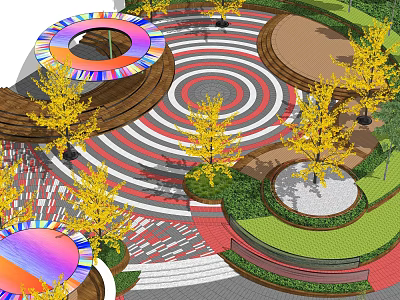 Vibrant Park Landscape with Colorful Circular Structures Red White Concentric Ground Yellow Trees Green Lawn 3d model