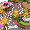 Vibrant Park Landscape with Colorful Circular Structures Red White Concentric Ground Yellow Trees Green Lawn