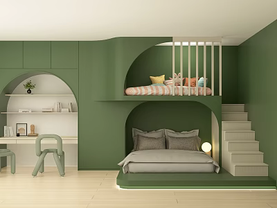 Green Kids Room With Loft Bed Railing Stairs Lower Bed Desk Chair Shelves And Decor 3d model