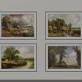 Four Framed Landscape Paintings Hanging On Wall Featuring Trees River And Rural Scenery