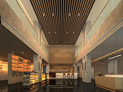 Tobacco and Liquor Store Interior Design With Wooden Ceiling Marble Walls Display Shelves and Counter 3d model