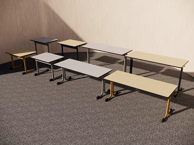 Multiple Desks With Various Colors Metal Legs And Wheels In Room Setting 3d model