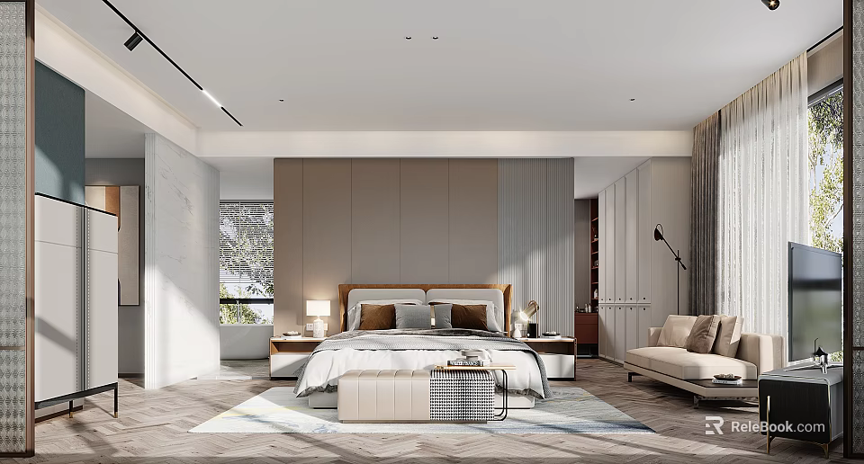 Modern Spacious Bedroom Interior With Bright Lighting Neutral Walls And Cozy Furniture 3d model 