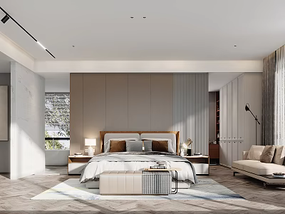 Modern Spacious Bedroom Interior With Bright Lighting Neutral Walls And Cozy Furniture 3d model