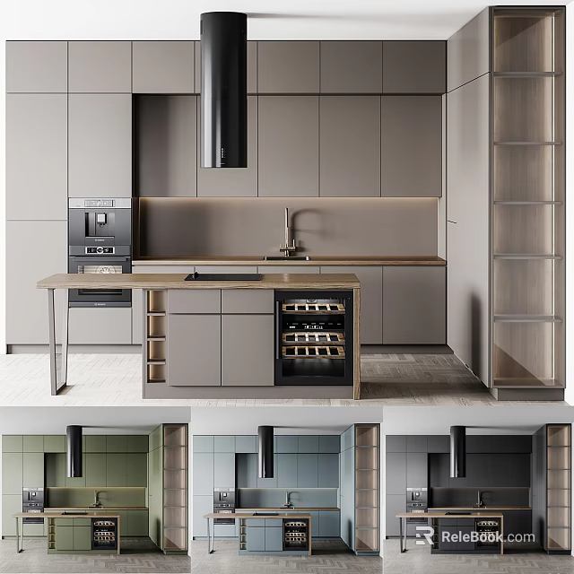 Sleek Modern Kitchen Interior With Gray Island Counter Appliances And Cabinets 3d model 