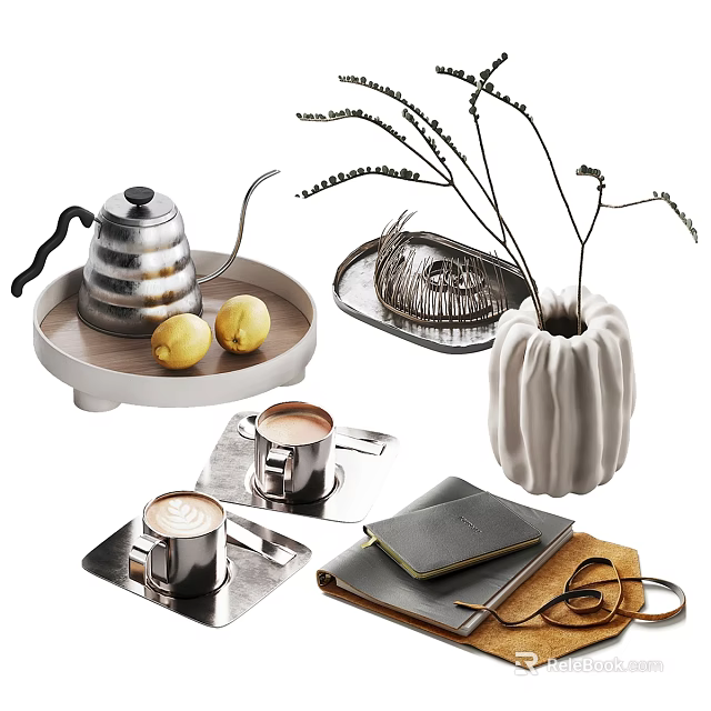 Decorative Ornament Set Including Silver Kettle Lemons Trays Plants Pumpkin Vase Coffee Cups Notebook Glasses 3d model 