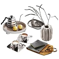Decorative Ornament Set Including Silver Kettle Lemons Trays Plants Pumpkin Vase Coffee Cups Notebook Glasses