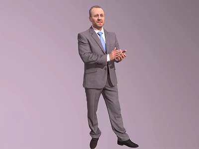 Man Wearing Gray Suit and Blue Tie Standing with Clasped Hands on Light Gray Background 3d model