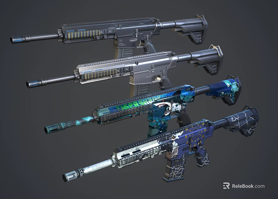 Modern Tactical Rifles Showcasing Various Colorful Designs And Detailed Metal Finishes 3d model 
